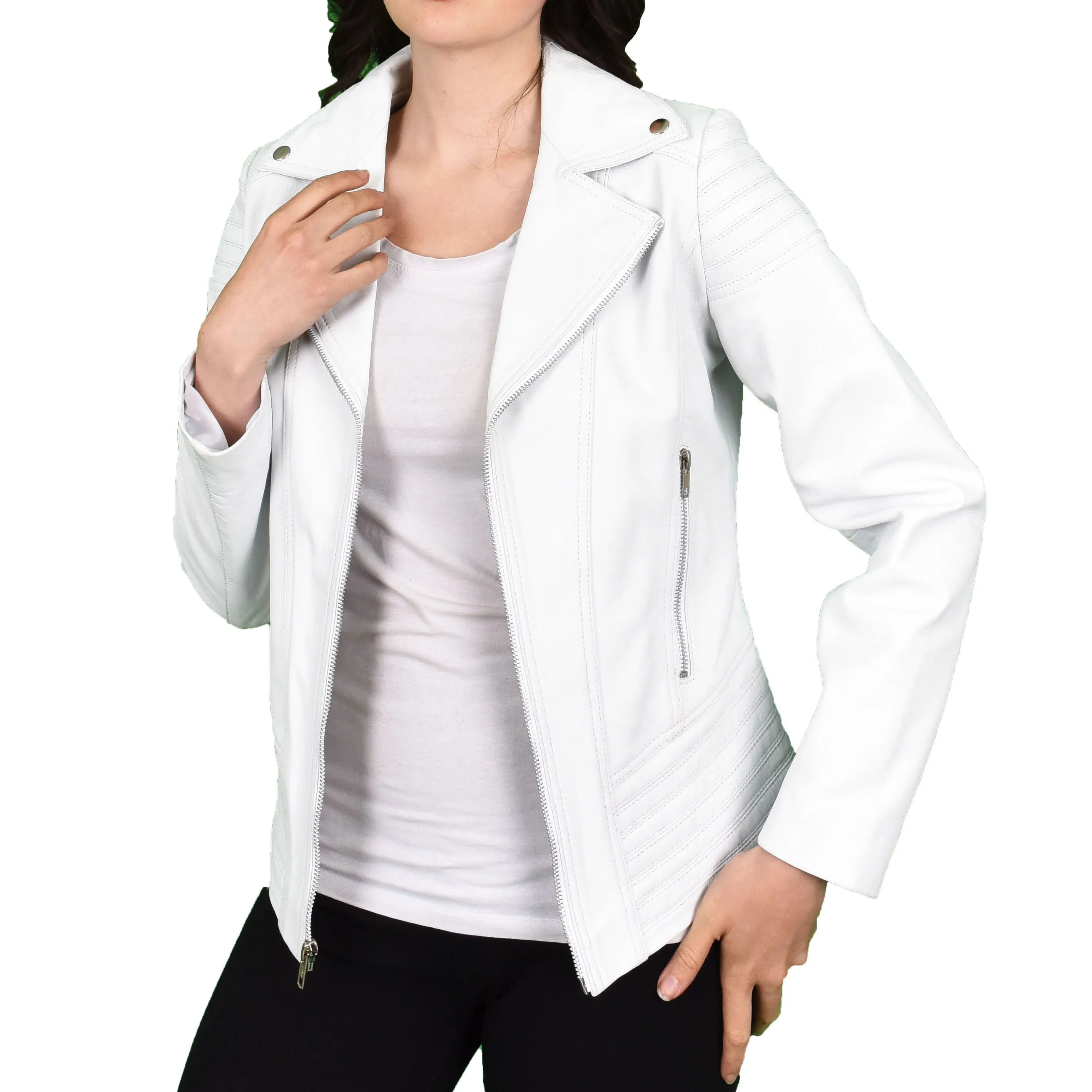 Womens Real Leather Biker Jackets Casual Fashion Outerwear Sonya White