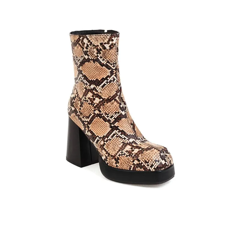 Women's Snake Printed Chunky Heel Side Zippers Platform Short Boots