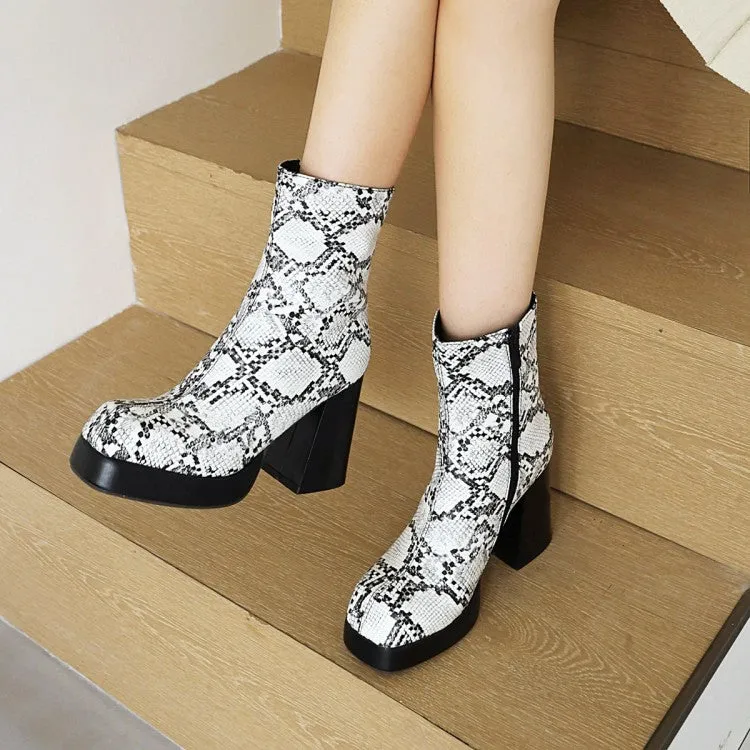 Women's Snake Printed Chunky Heel Side Zippers Platform Short Boots