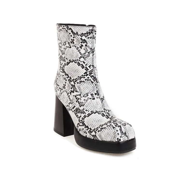 Women's Snake Printed Chunky Heel Side Zippers Platform Short Boots