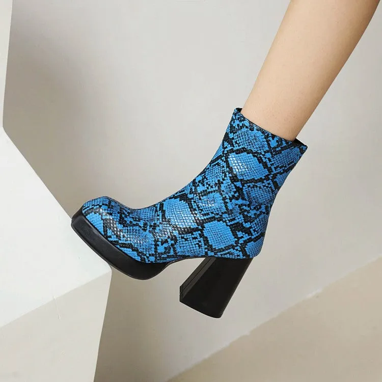 Women's Snake Printed Chunky Heel Side Zippers Platform Short Boots