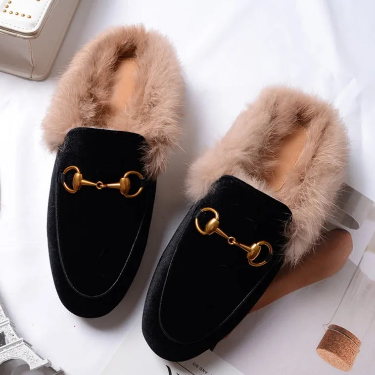 Womens Velvet Fur Slide Slip On Flat Mules