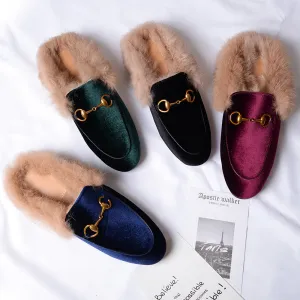 Womens Velvet Fur Slide Slip On Flat Mules