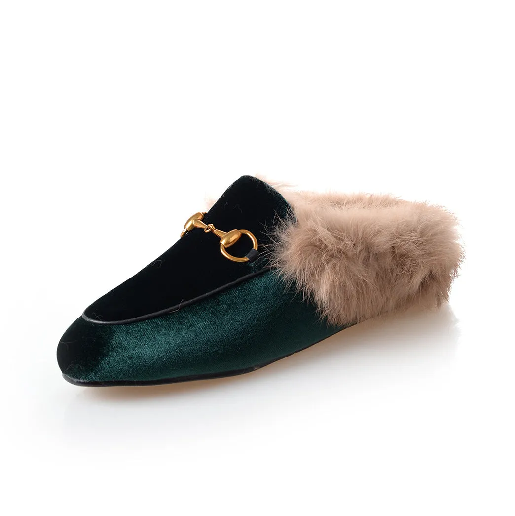 Womens Velvet Fur Slide Slip On Flat Mules