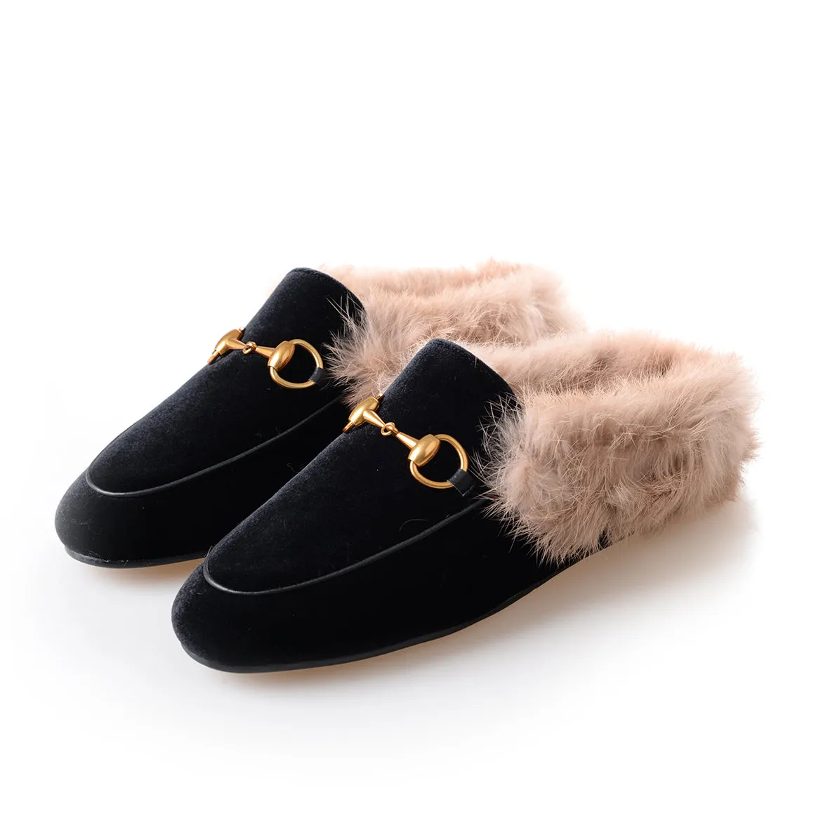 Womens Velvet Fur Slide Slip On Flat Mules