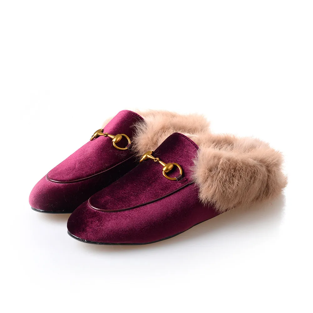 Womens Velvet Fur Slide Slip On Flat Mules