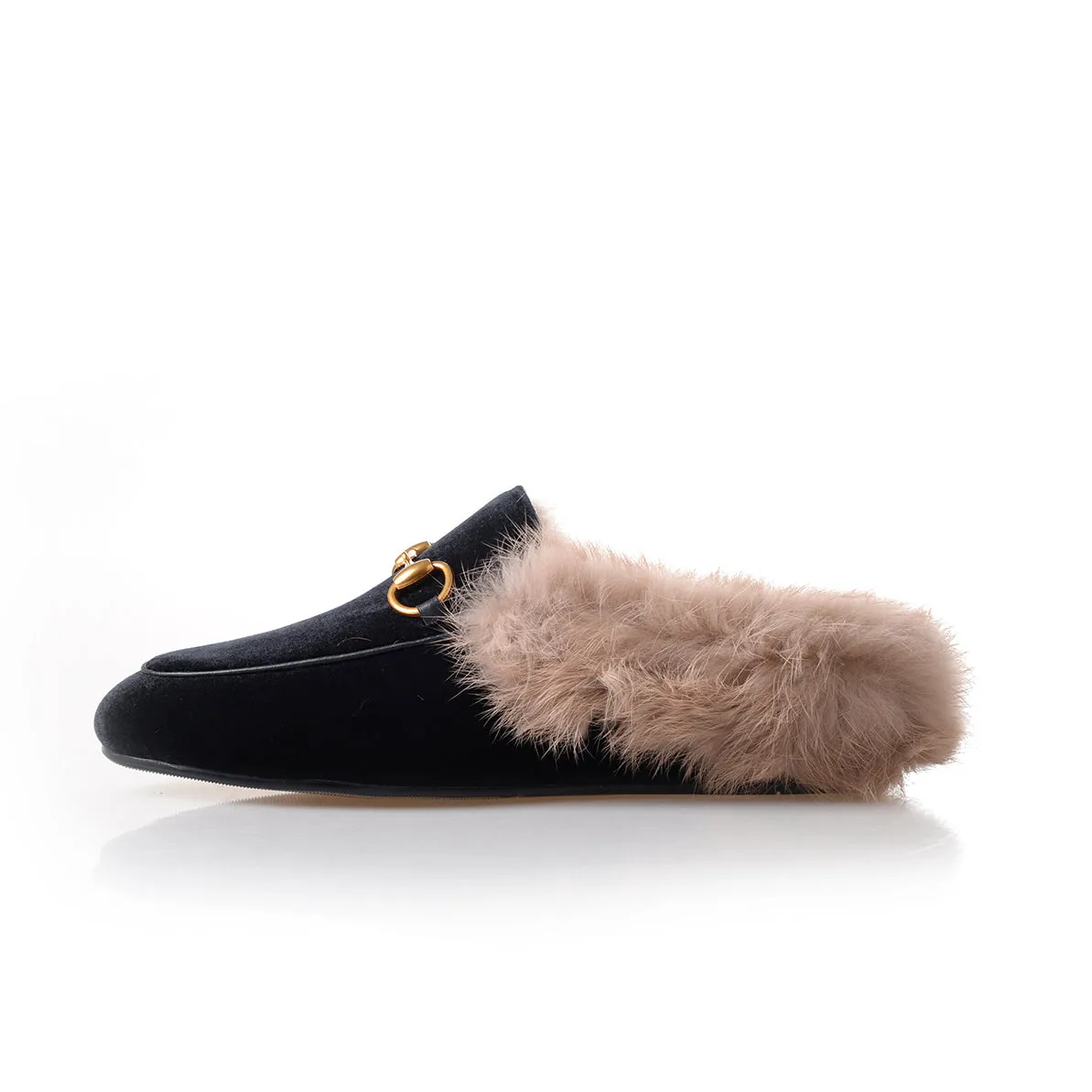 Womens Velvet Fur Slide Slip On Flat Mules