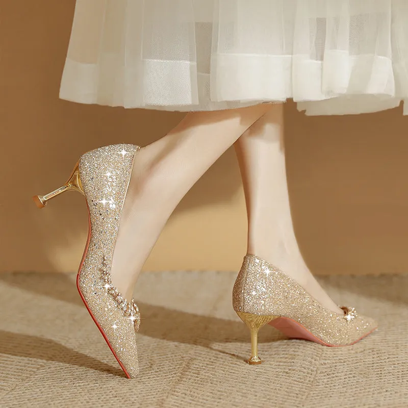 Womens Wedding Bridal Shoes Elegant Glitter Thin Heels Pumps