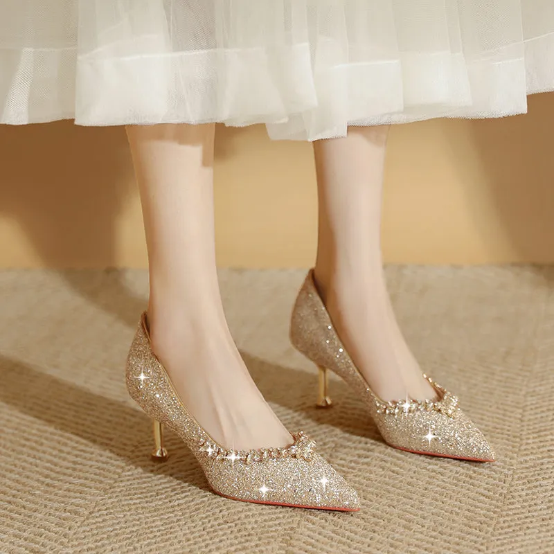 Womens Wedding Bridal Shoes Elegant Glitter Thin Heels Pumps