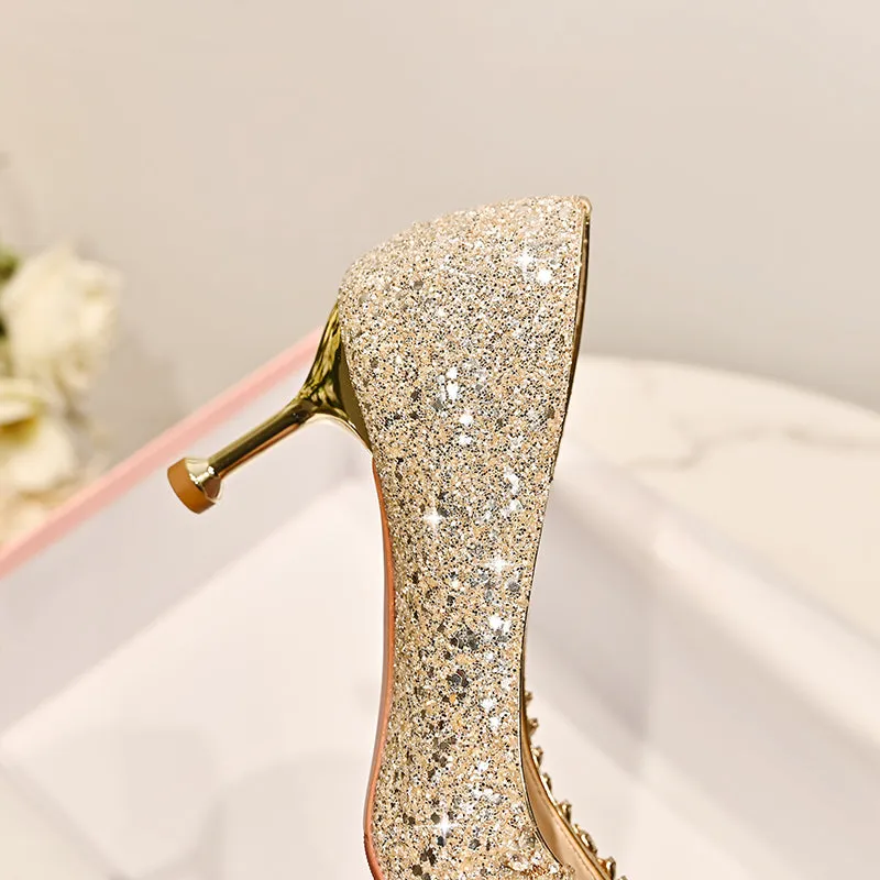 Womens Wedding Bridal Shoes Elegant Glitter Thin Heels Pumps