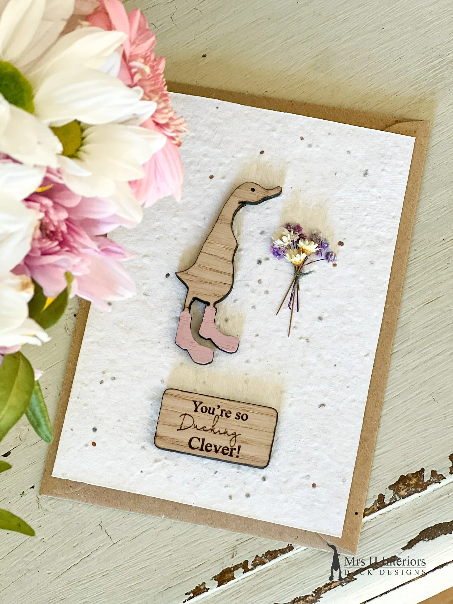 You're So Ducking Clever - Duck with Flowers - Greetings Card - Decorated Wooden Duck in Boots by Mrs H the Duck Lady